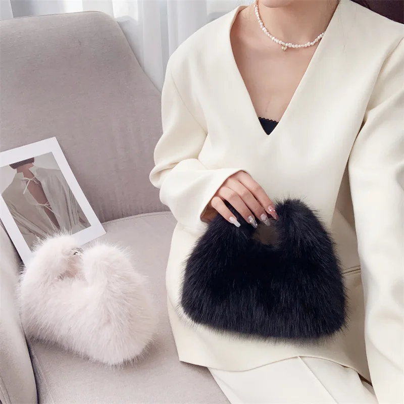 Simple Design Women Soft Plush Hobos Shoulder Bags Winter Furry Ladies Clutch Purse Handbag Fashion Female Underarm Evening Bag