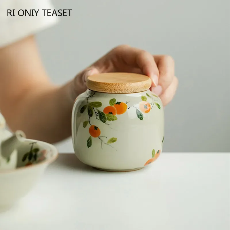 

Chinese Ceramic Tea Caddy Hand-painted Persimmon Tea Jar Travel Tea Bag Storage Box Sealed Container Storage Tank Teaware