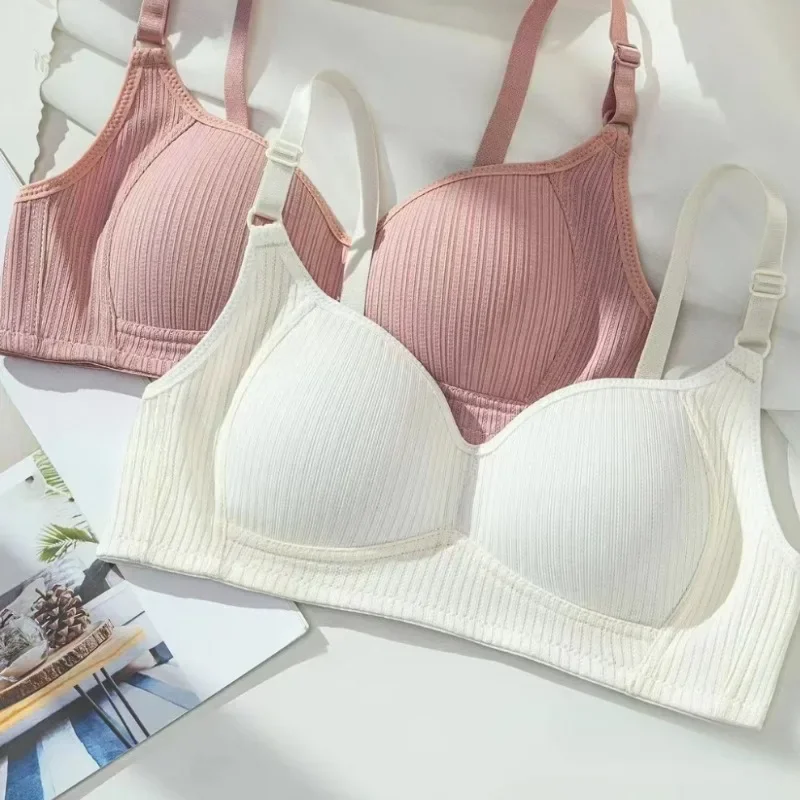 Full Cotton No Steel Ring Bra for Women Summer Breathable Light Color Plus Size Bras Girls Gathered Chest Lift Fashion Underwear