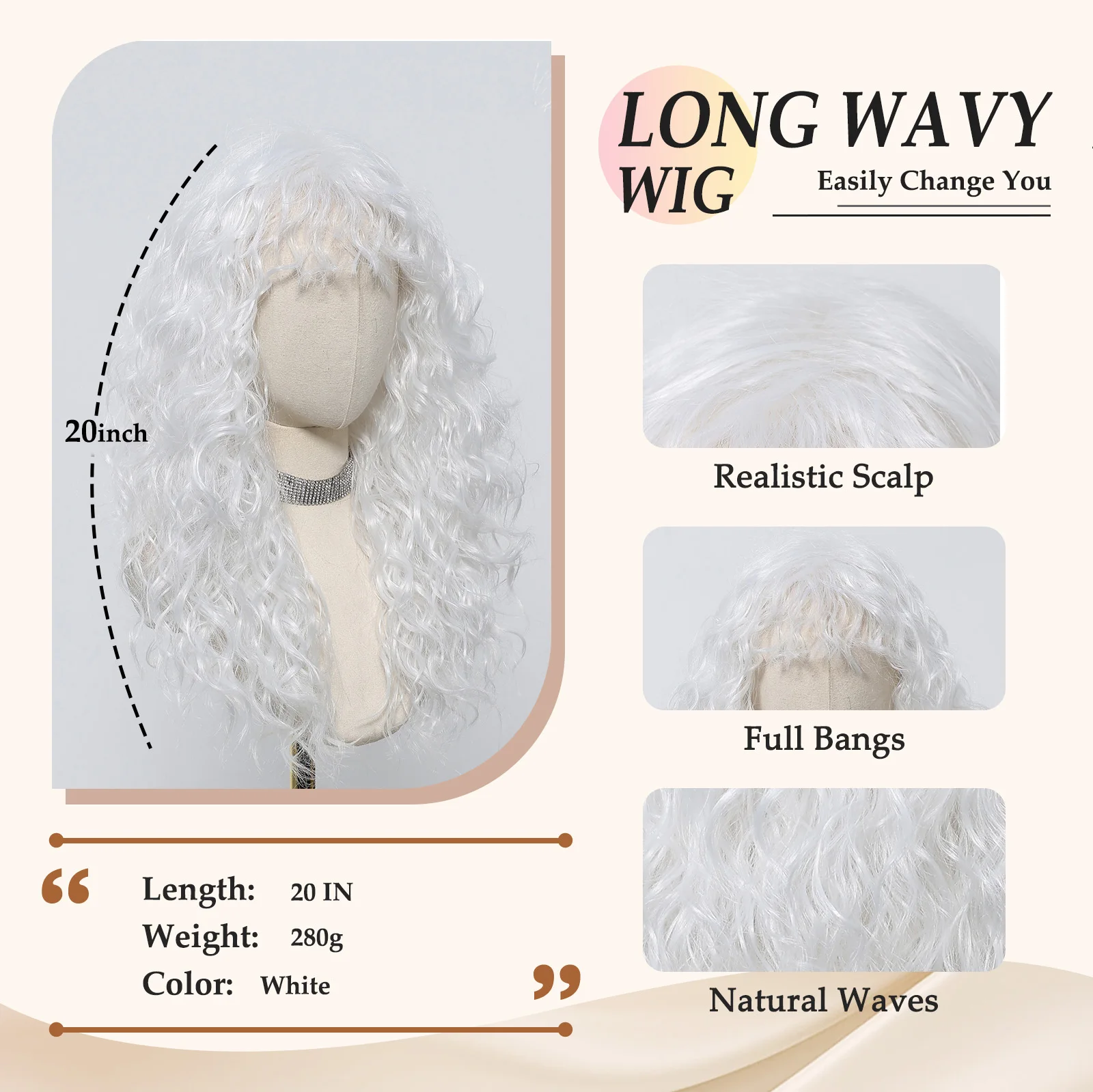 หิมะสีขาววิกผมสังเคราะห์ลอนกับ Curly Bangs หนาแน่นคลื่นลึกวิกผมสําหรับผู้หญิง Christmas Party Cosplay วิกผมทนความร้อน 20 นิ้ว