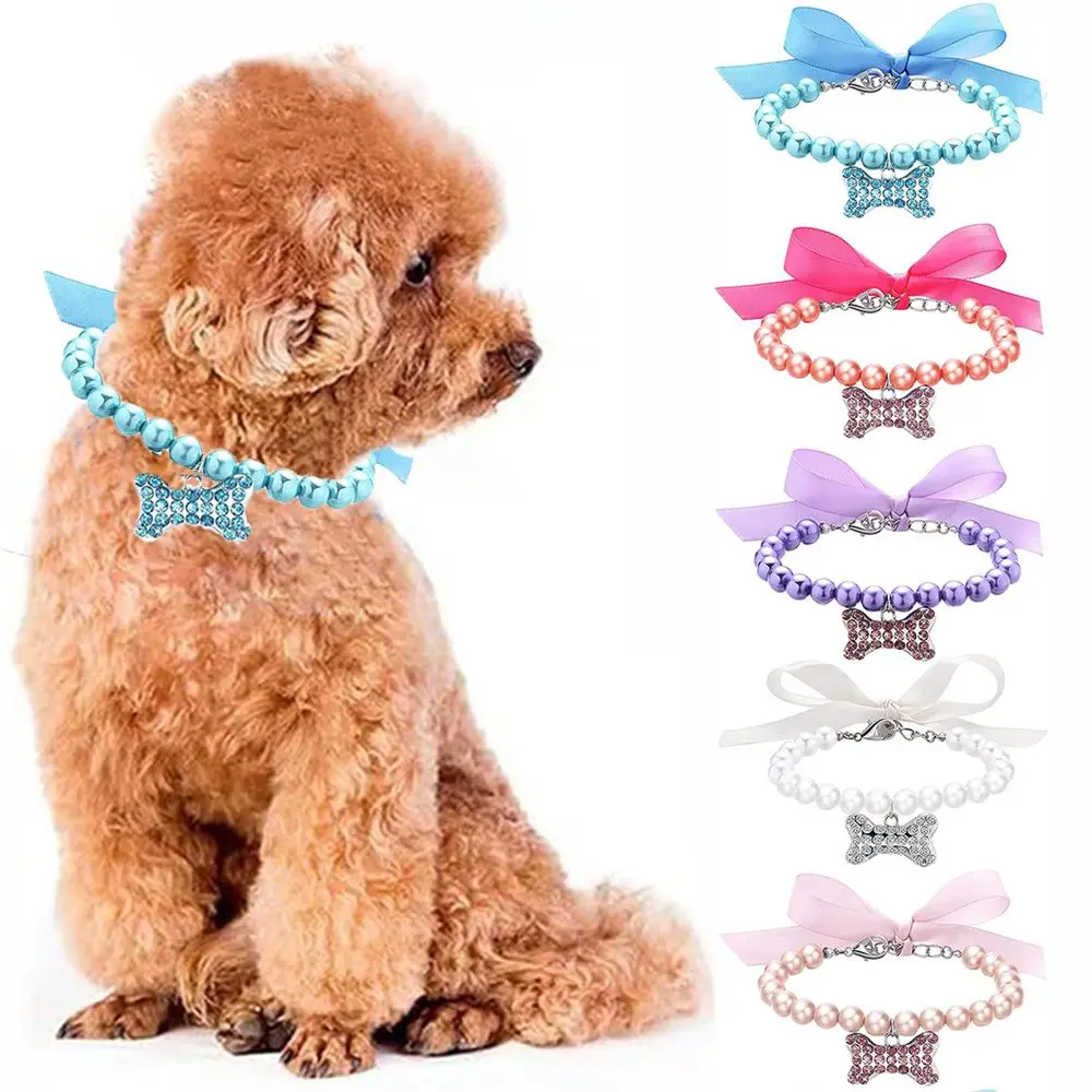 Cute Pet Pearl Necklace Bow Cat Dog Collar Diamond Dog Bone Pendant Adjustable Tie Pet Jewelry