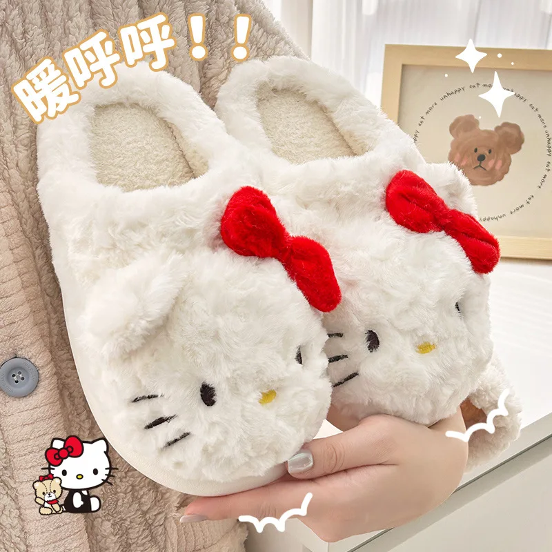 Sanrio Kulomi Winter Cotton Slippers Cartoon Hello Kitty Women's Indoor Home Plush Warm Non-Smooth Flat Heel Cotton Shoes Melody