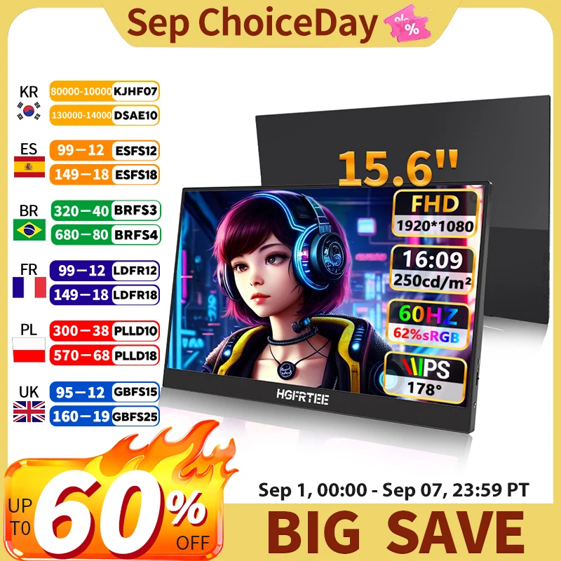 HGFRTEE Ultra-Slim Portable Monitor 15.6'' FHD 1080P 250cd/m² Dual Type-C & HDMI Interface for Laptop PC Phone PS4 Xbox Switch