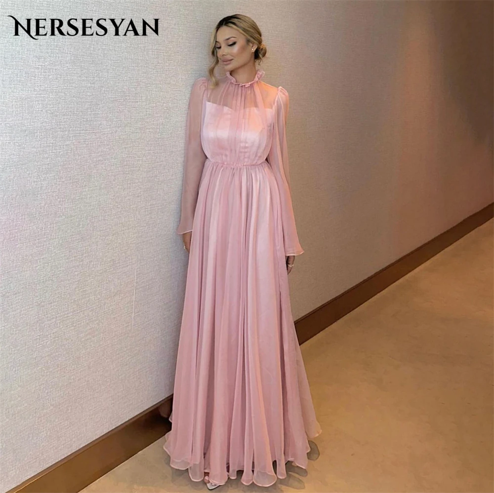 

Nersesyan Blush Pink Formal Evening Dresses Ruched High Neck Long Sleeves A-Line Prom Dress Pleats Floor Length Party Gowns 2024