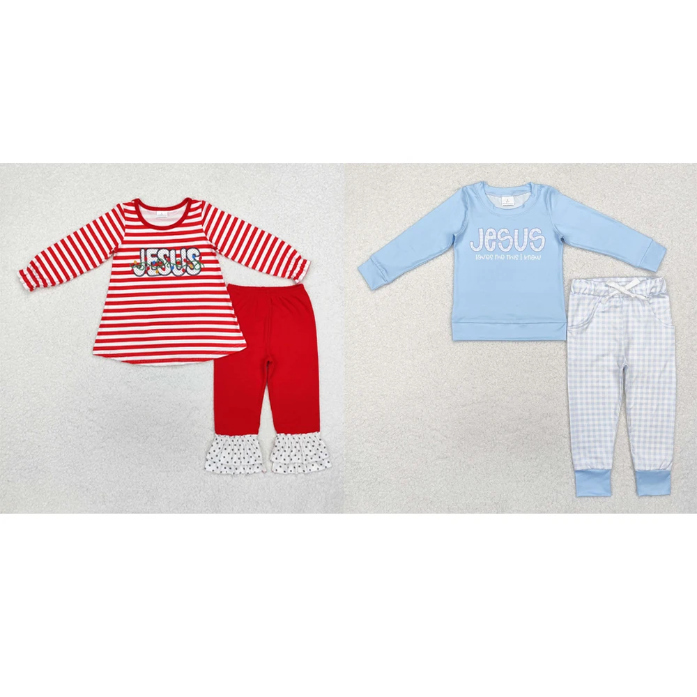 

Wholesale western boutique outfits children clothing Sibling Baby Boys Girls Jesus Top Checkered Pants Clothes Sets