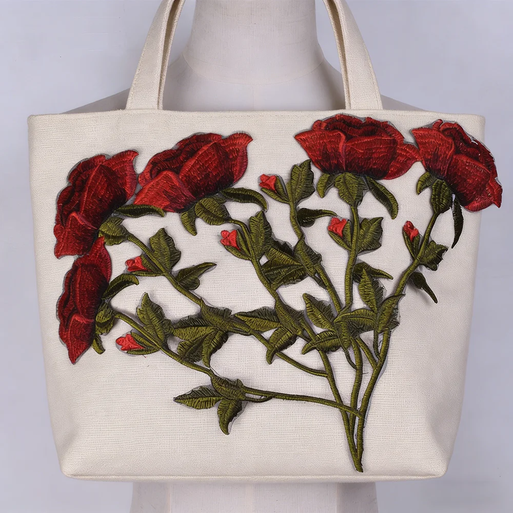 Red Rose Flower Embroidered Lace Fabric sewing DIY Applique Cord Dress Guipure Decor NL428