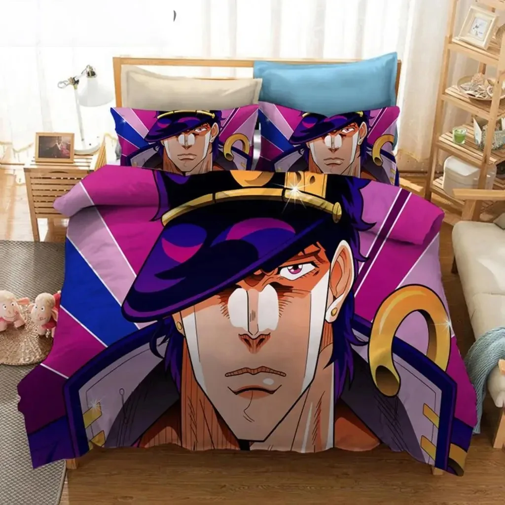 Juego de cama de Anime JoJo Bizarre Adventure Jotaro Kujo para niños y niñas, funda nórdica tamaño doble Queen, funda de almohada, cama para niños y adultos