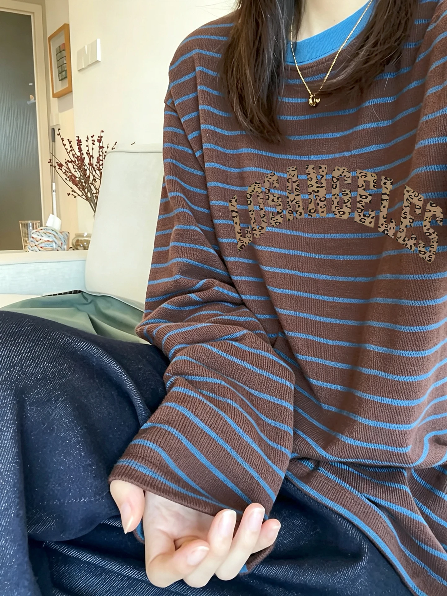 Loose Long Sleeve round Neck Striped Knitwear Top Women's Autumn Fashion Slimming Effect Comfortable Fit T-Shirt by Youli Zhihua