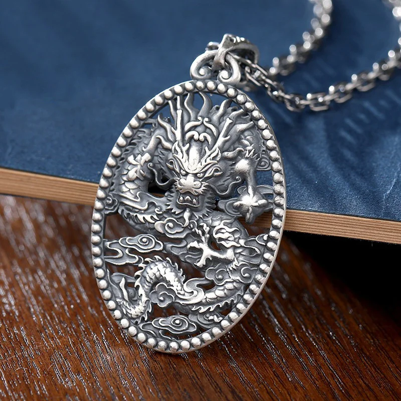 Retro Dragon Pendant Necklace For Men Jewelry Vintage Hollow Animal Necklaces Silver 925 Male Neck Chain Accessories Gift