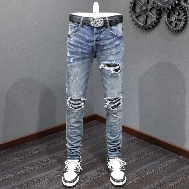 

High Street Fashion Men Jeans Retro Blue Stretch Patched Ripped Jeans Men Brand Designer Hip Hop Skinny Fit Denim Pants Hombre