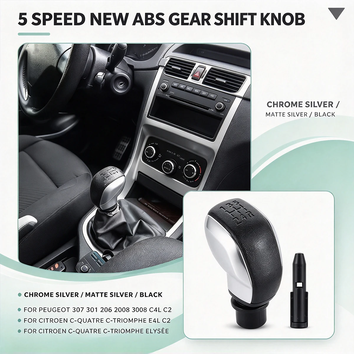 For Citroen C2 C3 C4L C5 Elysee For Peugeot 301 306 307 308 407 5 Speed ABS Gear Shift Lever Knob With Adapter