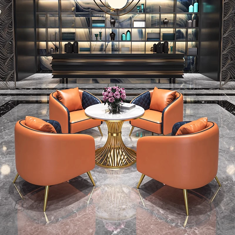 

Modern light luxury negotiation area, tables and chairs, marble slate small round table, sales department negotiation reception