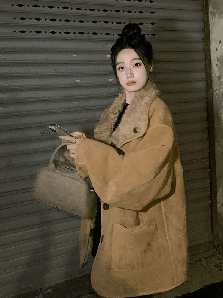 

Women's Thiened Leather Fur Inteated Coat Double-Sided Wear Winter Warm Long Sve Loose Fit Biker Sle Fce Lined Ou...