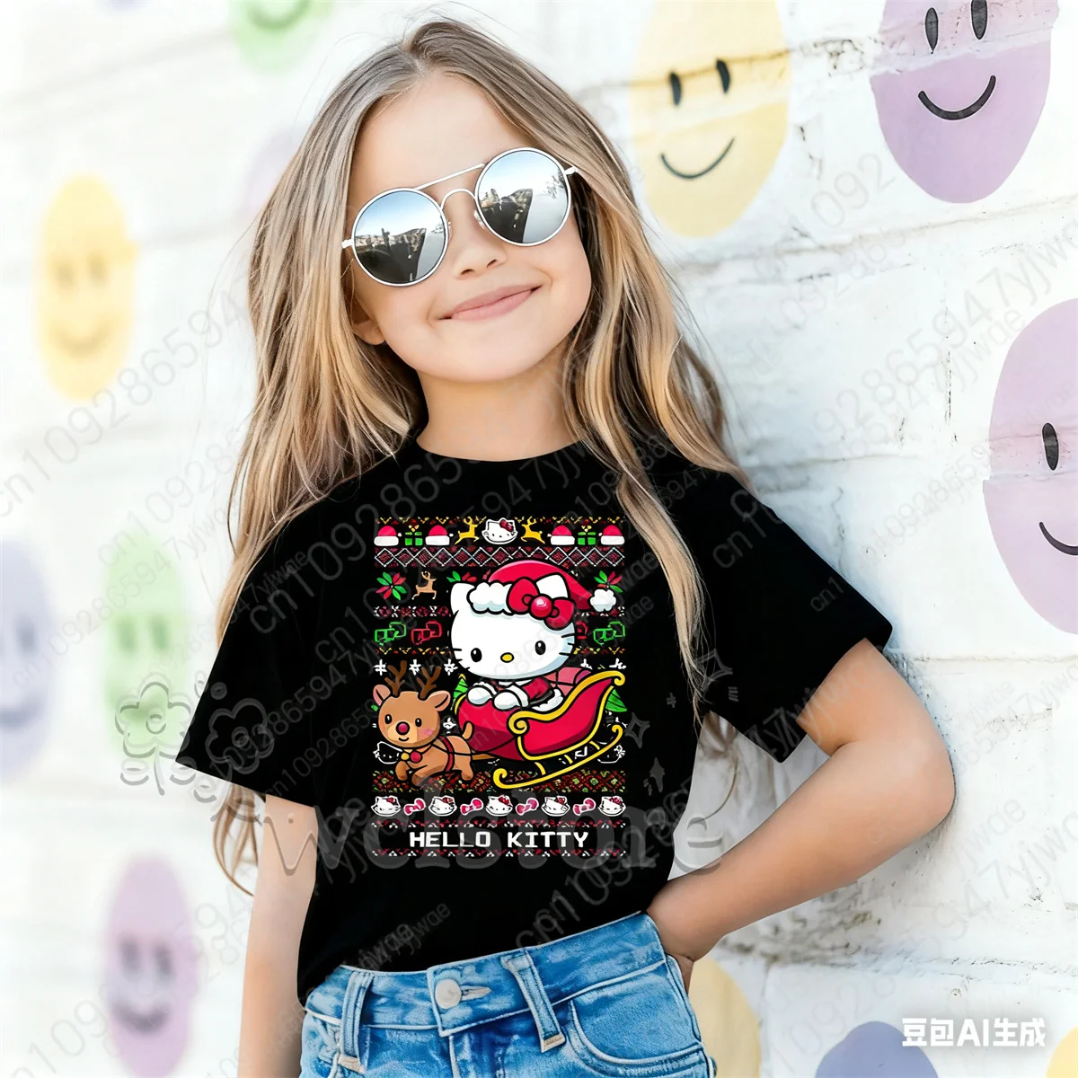 

Christmas New HelloKitty Party and Festival Clothing Children's Cartoon Cotton T-shirt Casual Parent Child Top Mother T-shirt