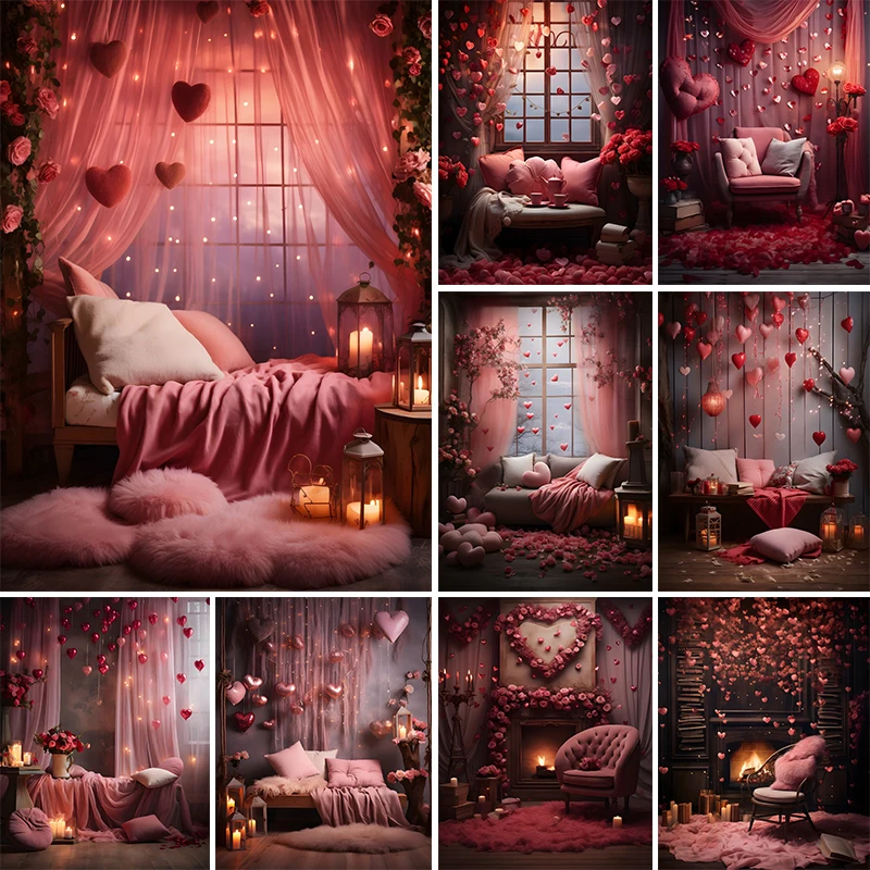 핑크 발렌타인 데이 커튼 사진 배경 사랑 풍선 장미 촛불 실내 장식 커플 초상화 배경 스튜디오