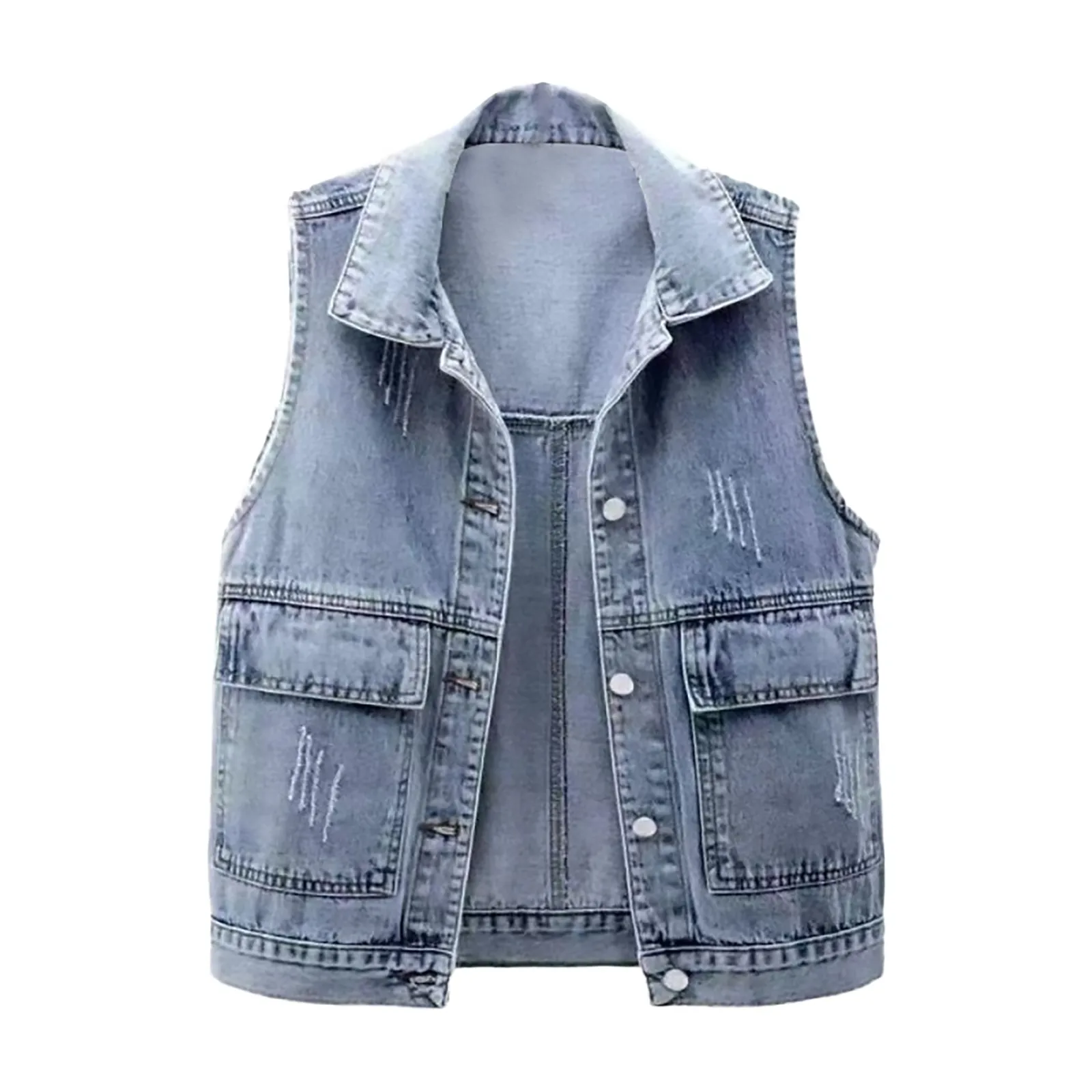 Women Distressed Cropped Denim Vest Waistcoats Short Outerwear Button Down Casual Single Breasted Sleeveless Washed Jean Jacket