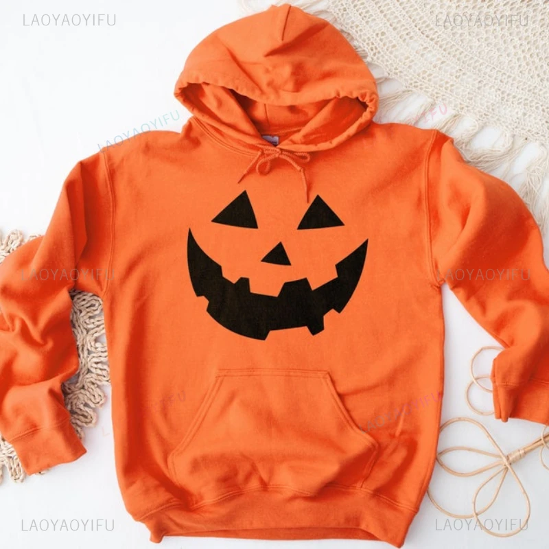 Orange Pumpkin Face Halloween Woman Hoodie All Saints' Day Trick or Treat Autumn Winter Man Sweatshirt Outdoor Warm Outerwear