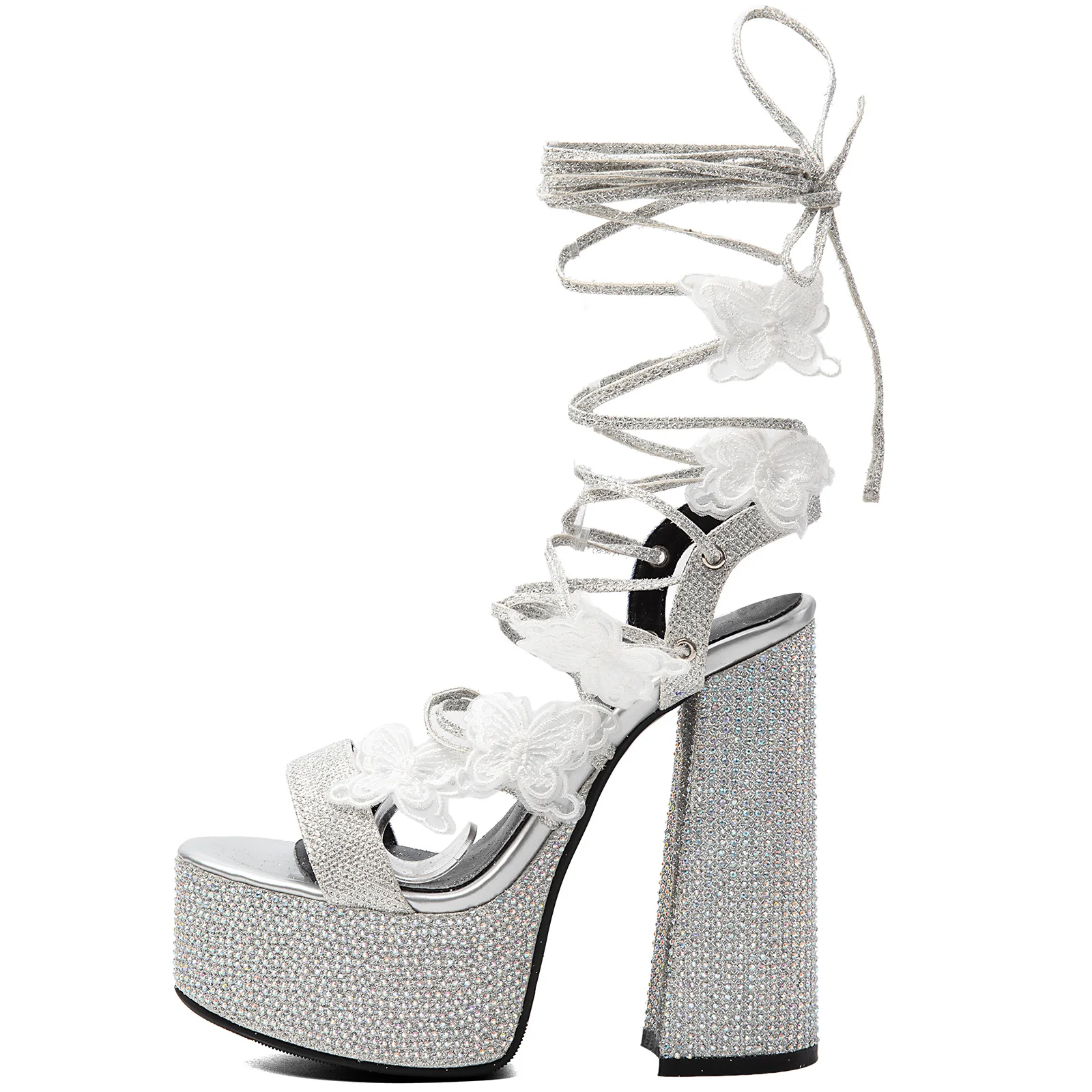 Rhinestone Platform Block Heel Sandals Women 3D Lace Butterfly Ankle Lace-Up Glitter Wrap Around Chunky Heel Prom Party Shoes