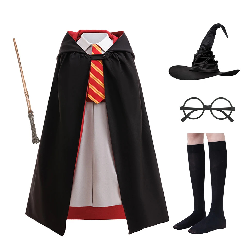 Girls Wizard School Cosplay Dress with Cape Magic Academy Uniform for Halloween Kids Witch Role Play Party Costume Carnival