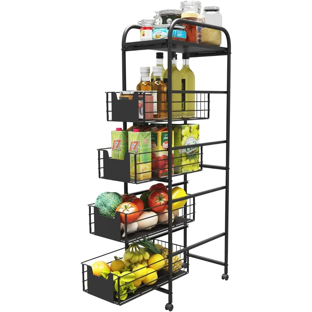

5-Tier Slim Rolling Cart with Pull-Out Drawers, Multi-Layer Storage Shelf Organizer on Wheels for Kitchen, Bathroom, Home Office