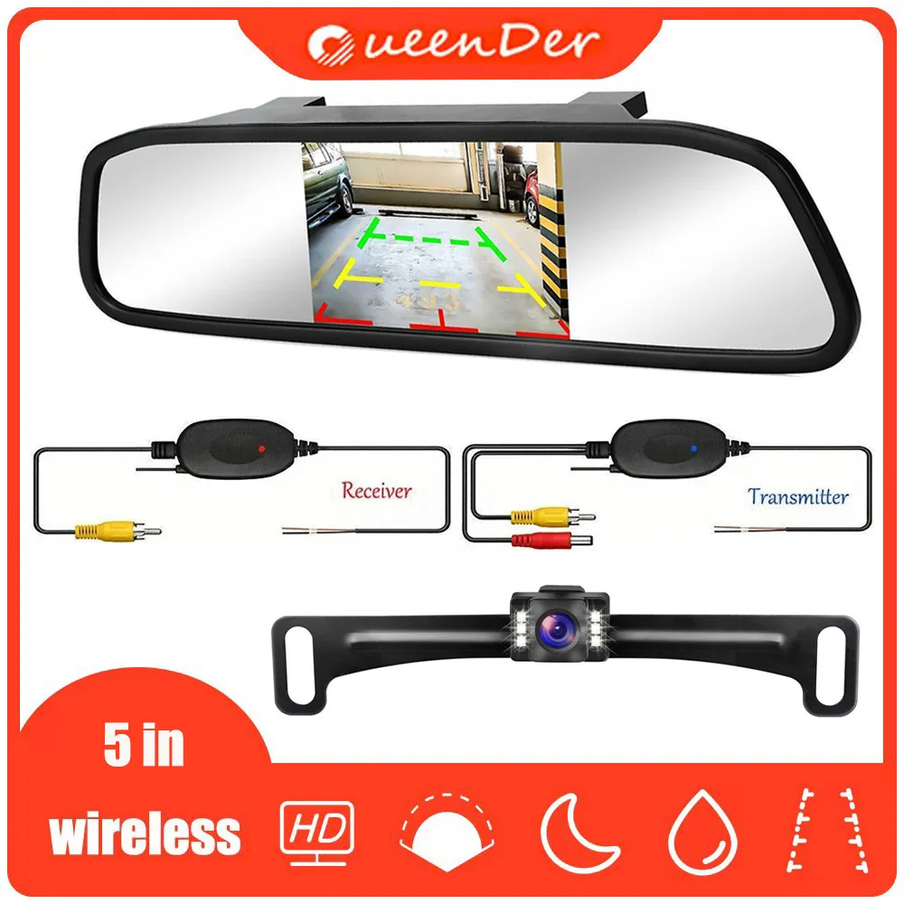 QueenDer Wireless 5 inch Rear View Mirror Monitor + Car Backup Camera Kit Night Vison Camera for Car, Pickup, SUVs, Vans