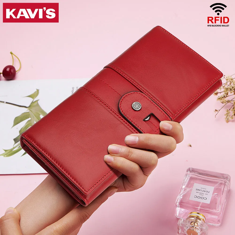 Long Women's Wallet Genuine Leather RFID Trifold Multi Credit Card Holder Slot with Cell Phone Pocket Luxury Ladies Money Bag