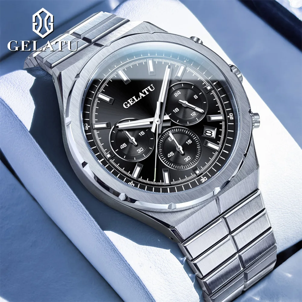 

GELATU Men Watches 8001 Top Brand Luxury Business Original Quartz Watch for Man Waterproof Luminous Date Stainless Steel Fashion