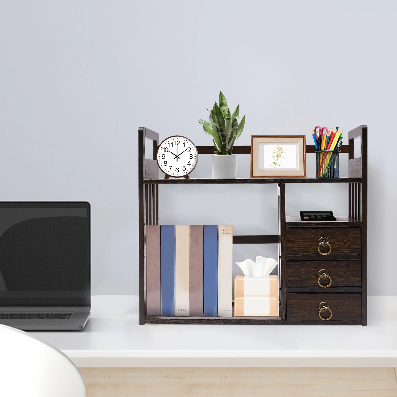 منظم رف الكتب المكتبي مع 3 أدراج، منظم ملفات المكتب، رف عرض، رف الكتب، منظمة تخزين الطاولة #3