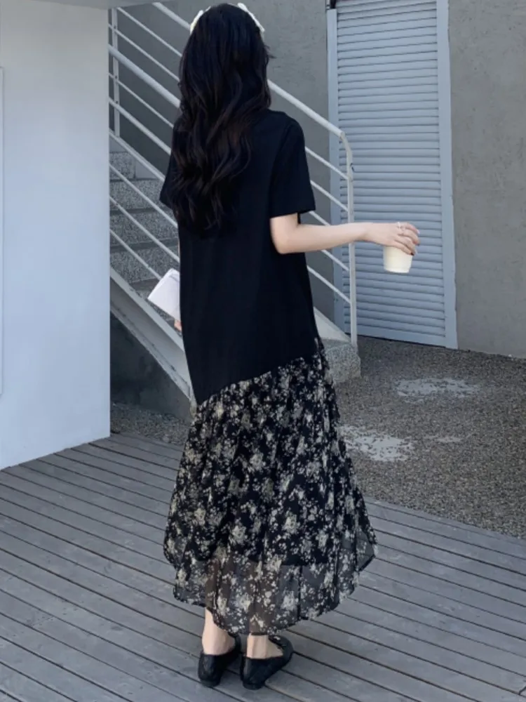 فستان نسائي كوري صيفي جديد من فيستدوس رداء Elbise فضفاض مقاس كبير مرقع قطعتين مزيفين بأكمام قصيرة فستان طويل