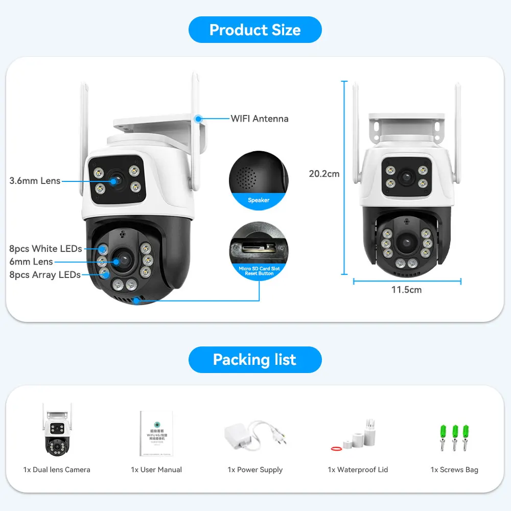 4K 8MP Dual Lens PTZ IP Camera WIFI Color Night Vision Dual Screen Outdoor Ai Human Detection 4MP Security Protection IP Camera