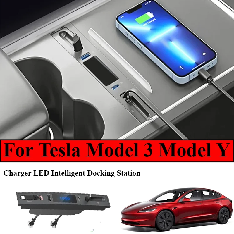 

For Tesla Model 3 Y 2023 27W Quick Charger USB Shunt PD Type C Hub Intelligent Docking Station Smart Sensor Car Adapter Powered