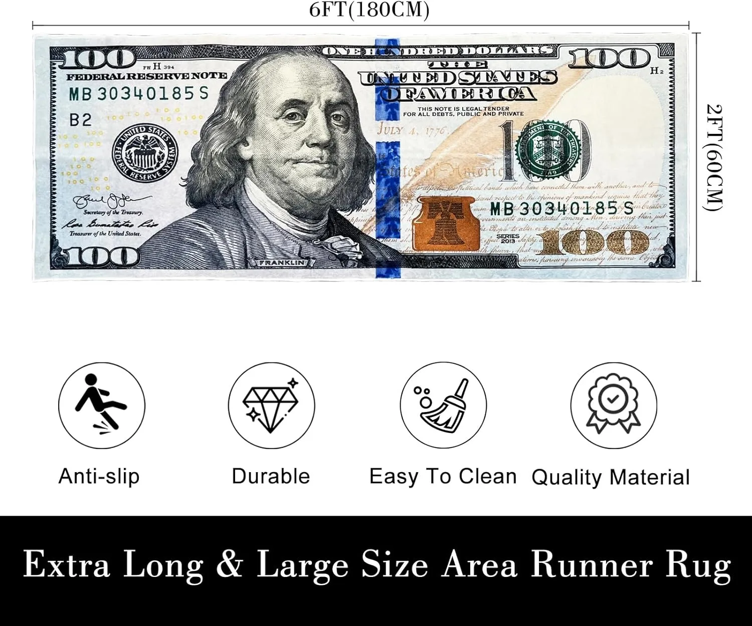 1pcs  100 Bill USA Money Throw Accent Area Rug Large Floor Carpets Mat Non Slip Washable Runner Carpet for Entryway Hallway Laundry Bathroom Kitchen Bedroom Living Room - view 6
