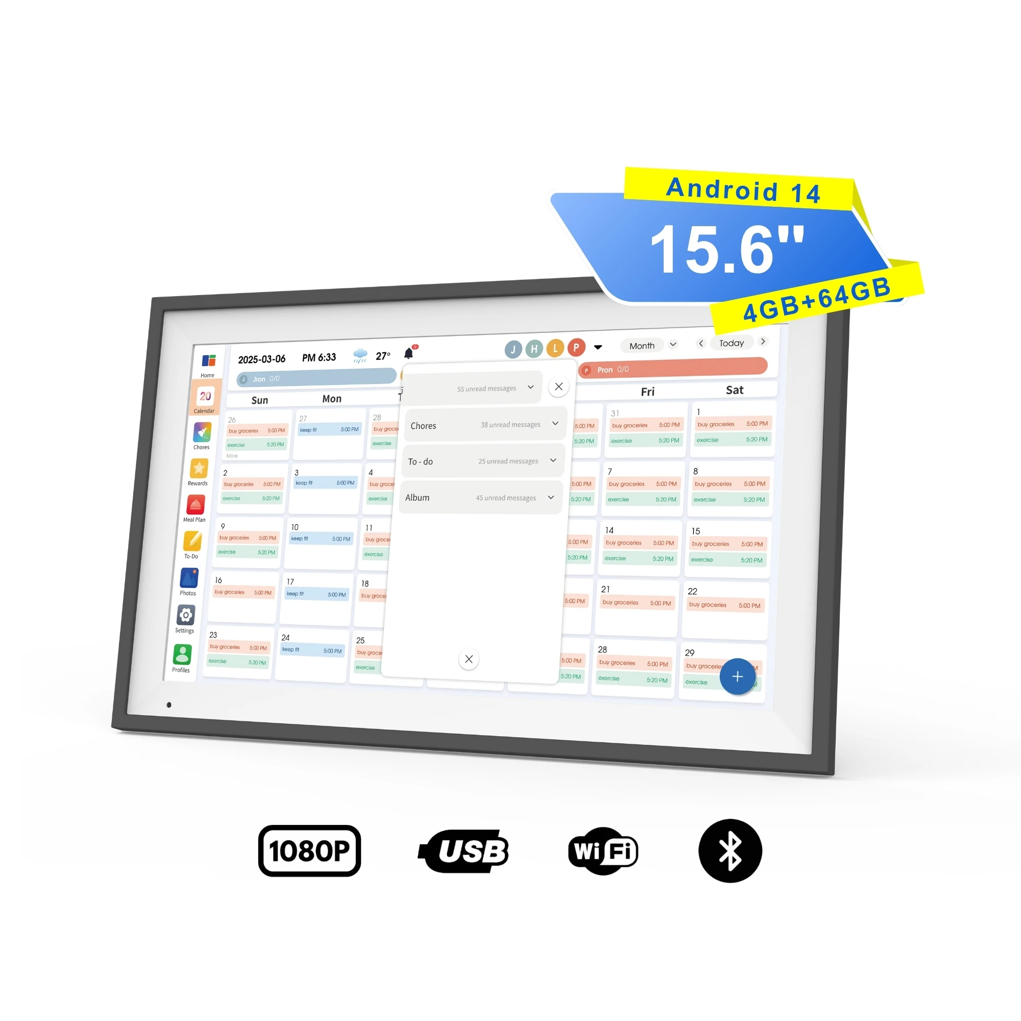 

15.6-Inch Android 14 4 + 64GB Touch Screen Smart Digital Desktop Calendar Event Management Electronic Home Schedule Photo Frame