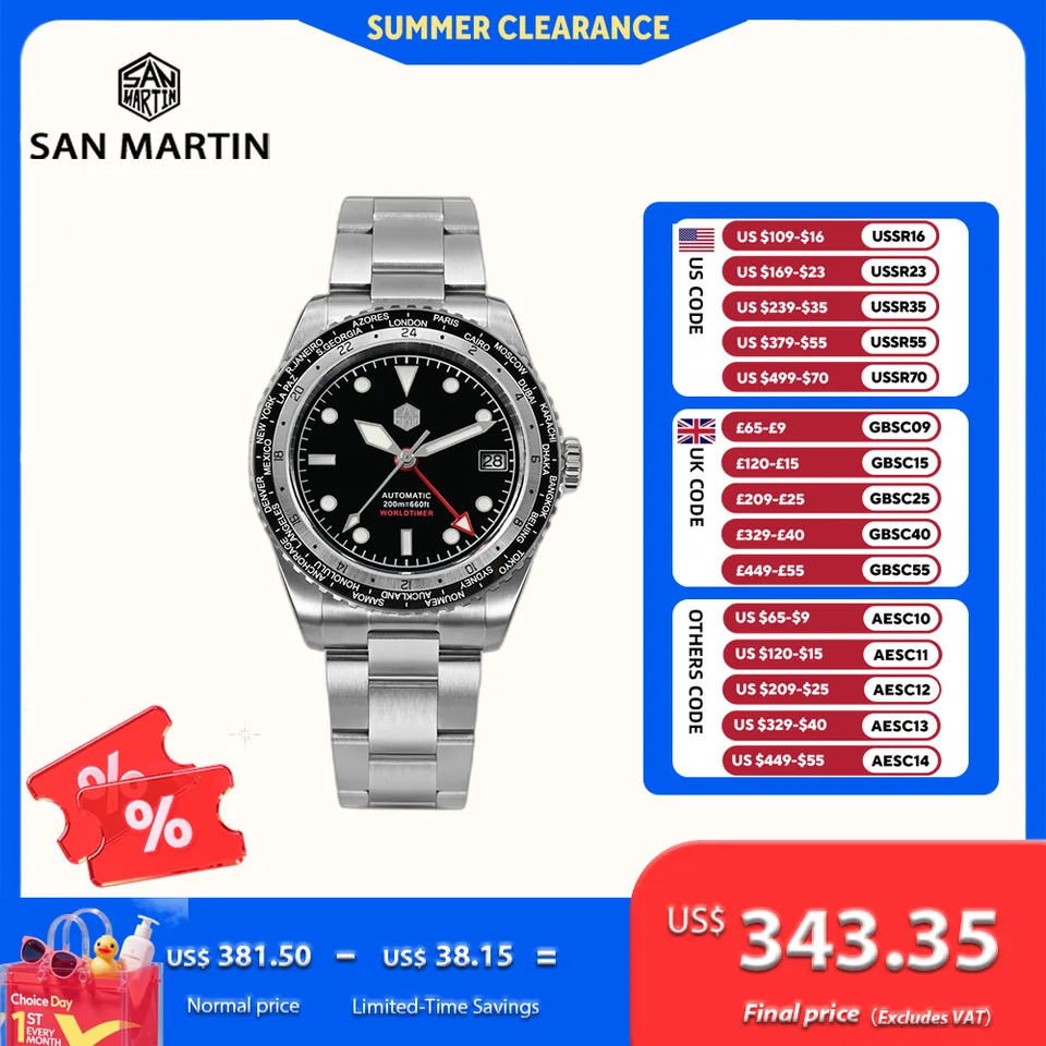San martin-自動巻き時計,38mm,n h34,サファイアガラスgmt,メンズ
