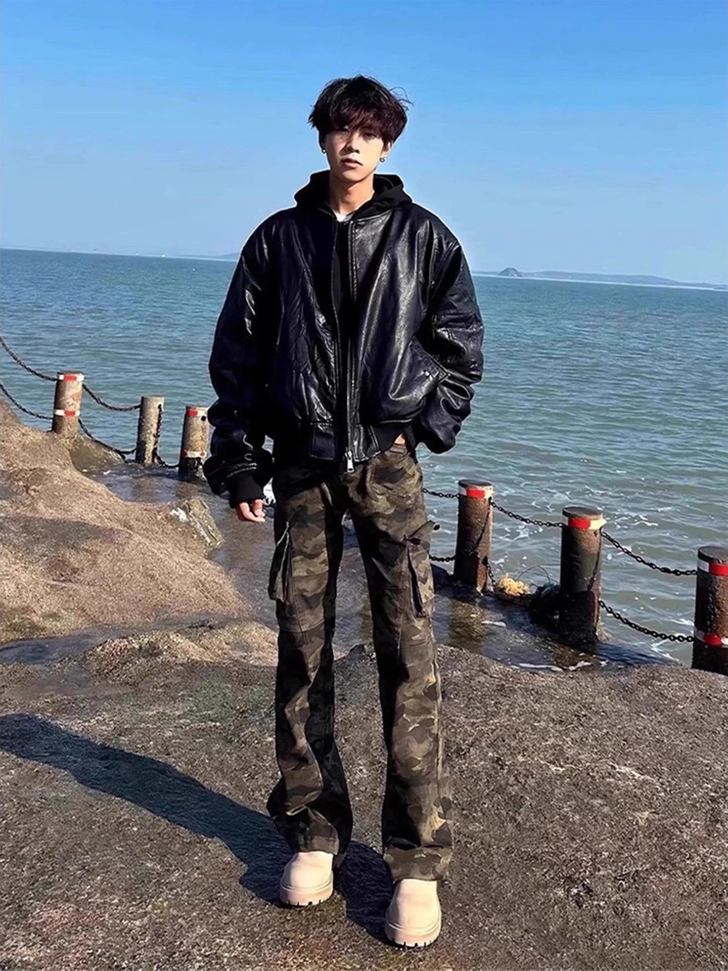 

Cleanfit Camouflage Bell Bot Denim Jeans Men's Sle Autumn Winter American Vibe Cool Haome High Waist Straight Leg Wor...