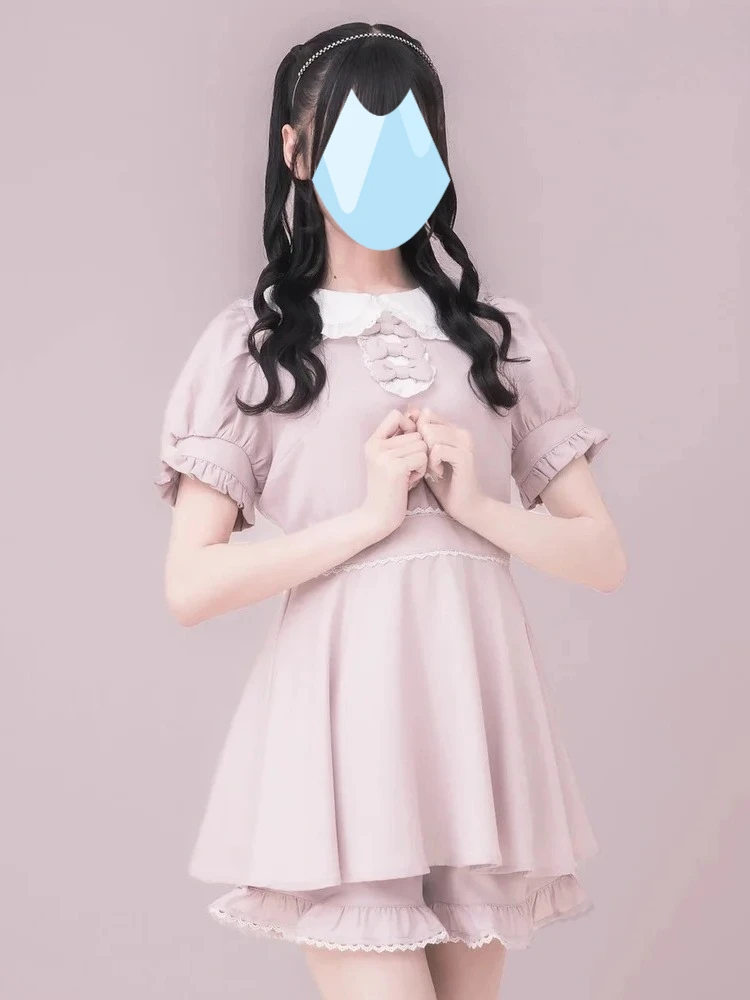 

Японское милое сердце для девочек, милый кукольный воротник, галстук-бабочка, утягивающее талию платье с короткими рукавами и кружевные шорты с высокой талией, комплект из двух предметов