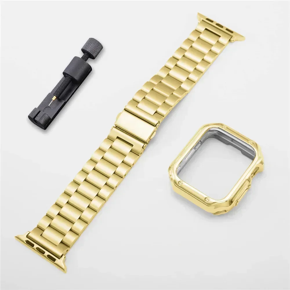 Golden Bracelet for Apple Watch 9 8 7 Band 41mm 45mm 49mm Metal Strap+soft TPU Armor Protector Case for iWatch SE 6 40mm 44mm