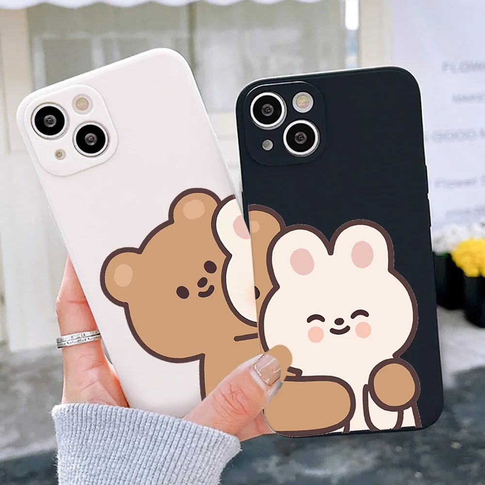 Funny Animal Bear Rabbit Couple Paired Phone Cases for iPhone 15 12 11 14 13 Pro Max Mini X XR XS 14 Plus SE Cartoon Covers Skin