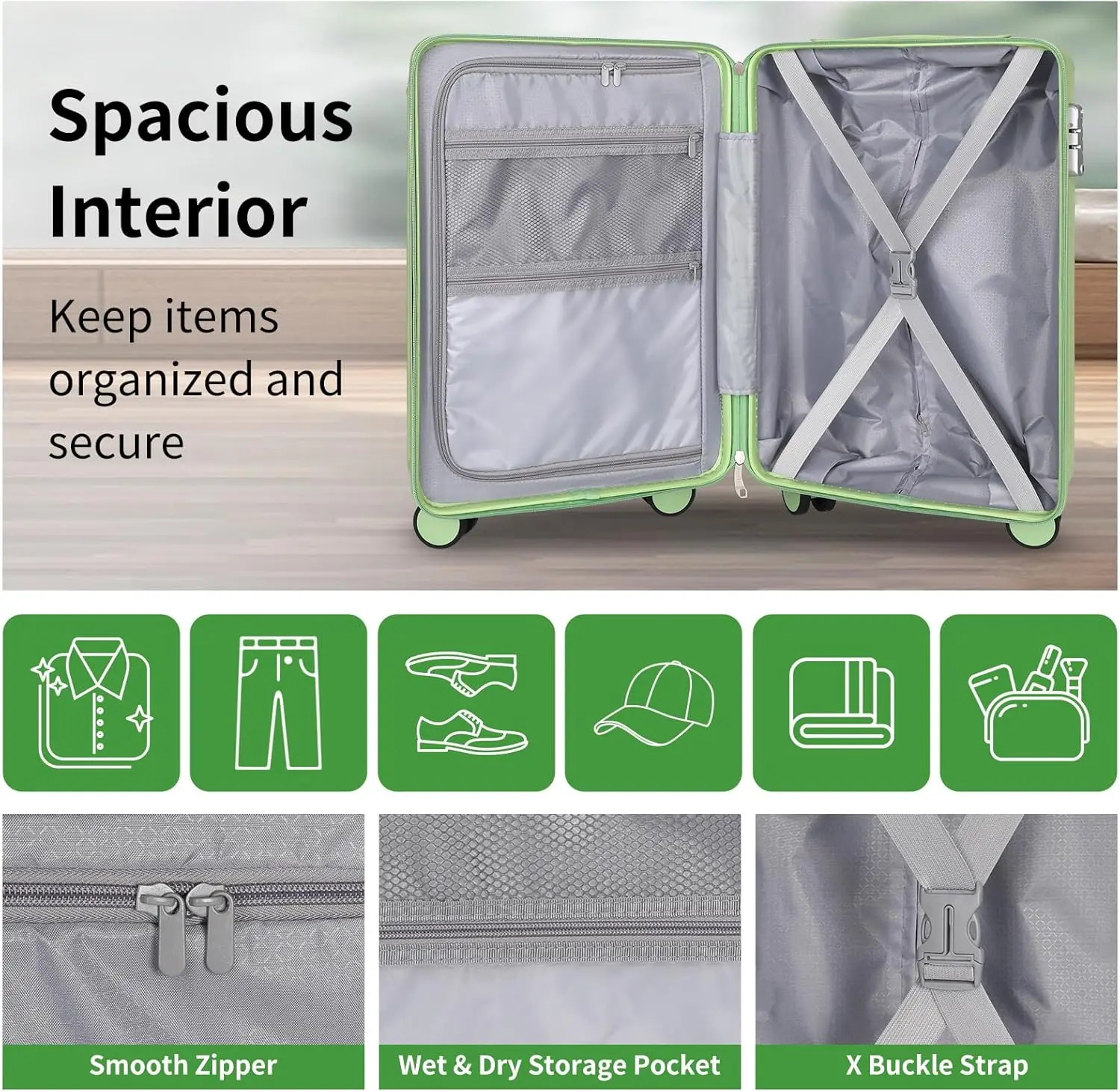 20인치 빈티지 캐리온 수하물 세트, ABS+PC 하드쉘, 백팩 및 태그, 아보카도 그린