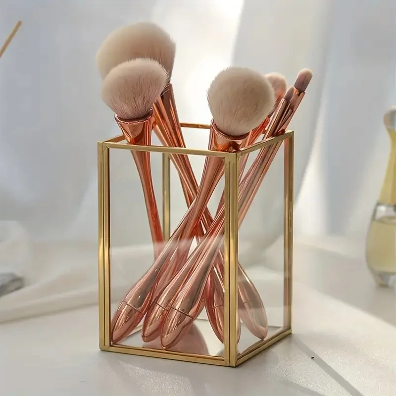 

1pc Makeup Brush Holder, 1 Slot Golden Metal Cosmetics Brushes Organizer, Stationery Box, Brushes Cup for Vanity, Desk, Dresse