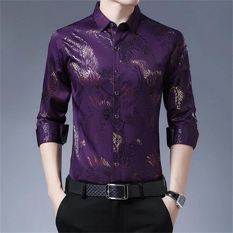 Chemises à imprimé graphique dragon de style chinois vintage pour hommes, chemises d'affaires décontractées, manches longues, mince, printemps, automne, 2023