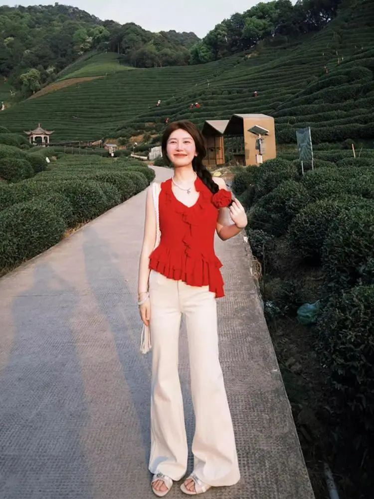 Red Oversized Blouse Unique Asymmetrical Design Summer Outdoor Women's Vest with Lace Trim Neck Hanging Strap Chinese Style Top