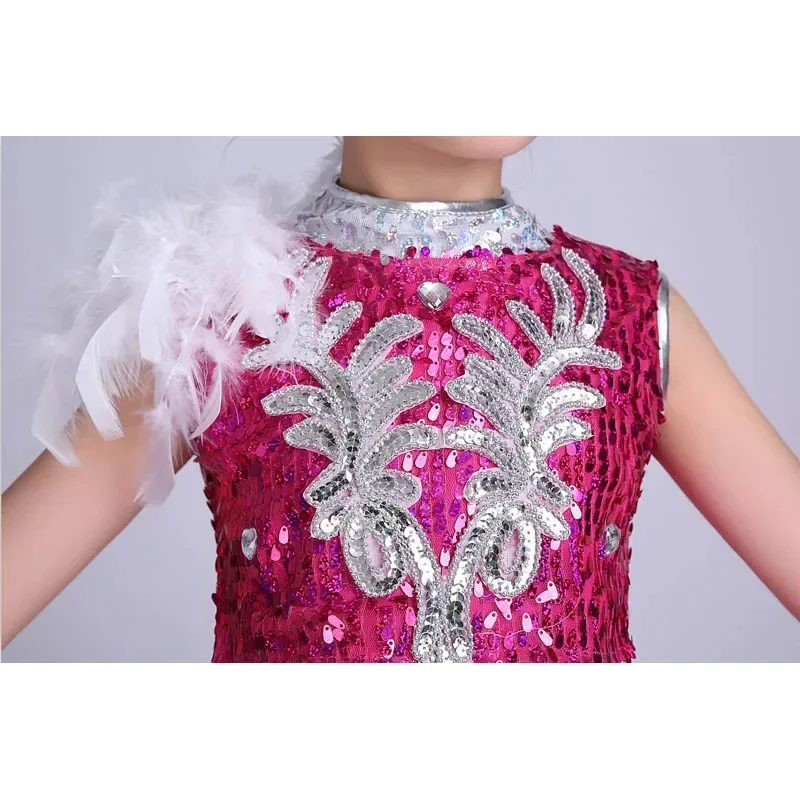 เด็กสาวสีชมพูร้อน Silver Sequins Glitter JAZZ Hip Hop เครื่องแต่งกายเสื้อกั๊กกางเกงกระโปรงรองเท้าสําหรับเด็ก MN1