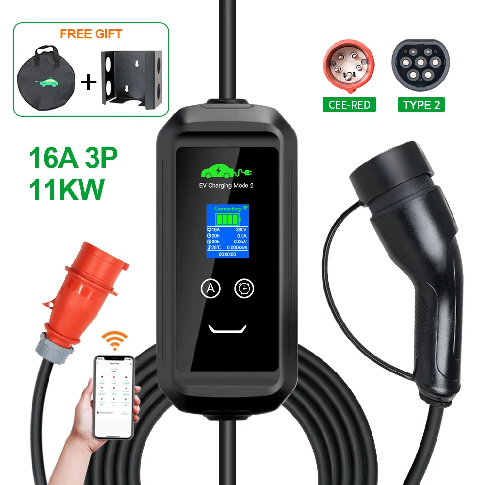 ISIGMA 5M 11KW 16A Type2 Tuya APP WIFI Controle EV Draagbare Oplaaddoos Elektrische Autolader CEE RODE Plug Voertuiglader