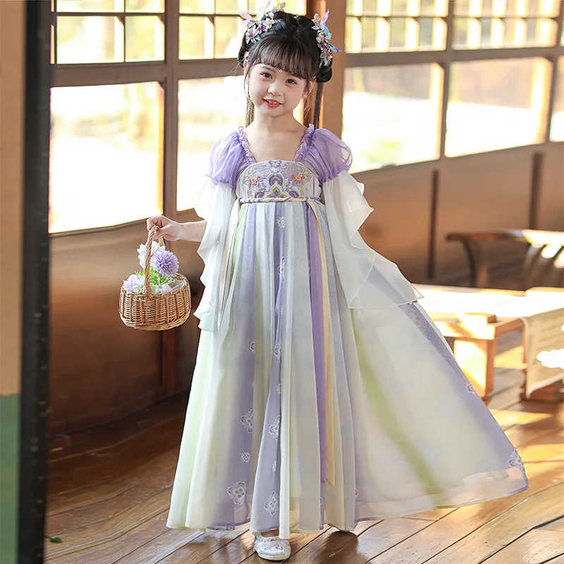 Chinese Kids Embroidery Dress Hanfu Lovely Girls Princess Dresses Traditional Folk Style Dance Perform Costumes Cosplay