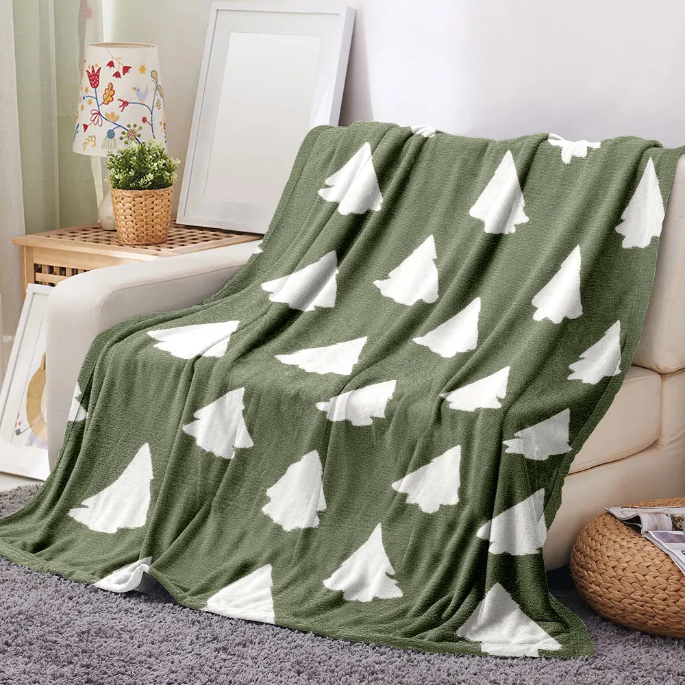Überwurfdecke mit olivgrünem und weißem Weihnachtsbaummuster – weiches, gemütliches, minimalistisches, festliches Design für Bett, Sofa, dekorative Wand