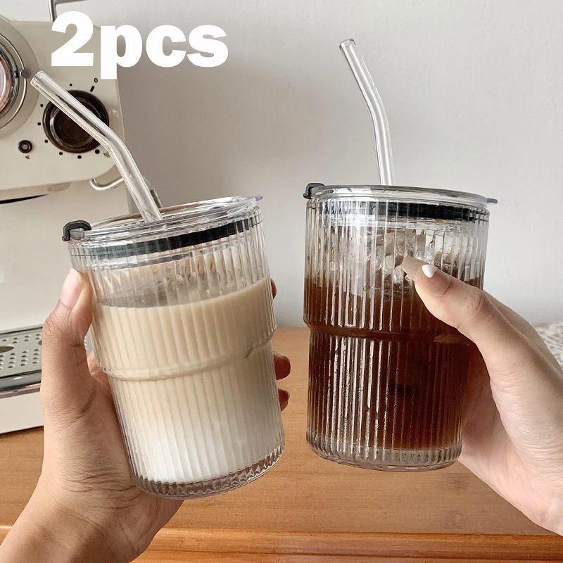 

2PC 450ml Simple Stripe Coffee Glass Cup With Lid and Straw Transparent Bubble Tea Cup Juice Glass Milk Mocha Cups Breakfast Mug