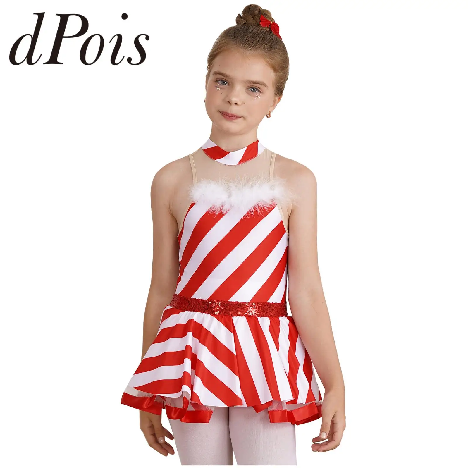 Girls Christmas New Year Costume Cosplay Candy Cane Jumpsuit Holiday Mesh Splice Stripes Print Roleplay Dress Stage Dancewear