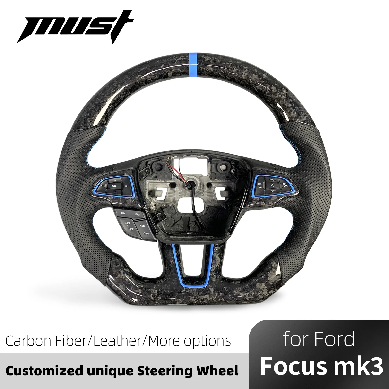 ZJZ For Ford Focus MK3 2015-2018 ST RS Customized Forged Carbon Fiber Leather Steering Wheel Support Heating LED Rpm Display
