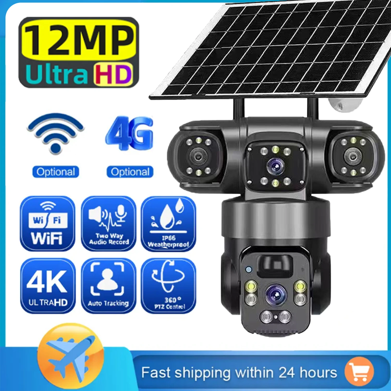 

12MP Wifi/4G Sim Solar Camera Dual screens Outdoor WiFi Solar IP PTZ Camara Auto Tracking Battery CCTV Security Camera